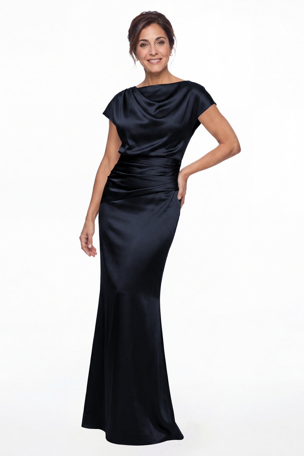 Navy Blue Cowl Neck Ruched Satin Mermaid Maxi Gown - Front View