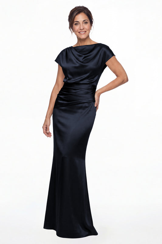 Navy Blue Cowl Neck Ruched Satin Mermaid Maxi Gown - Front View