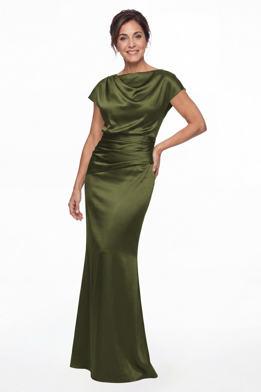 Olive Green Cowl Neck Ruched Satin Mermaid Maxi Gown - Front View
