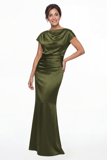 Olive Green Cowl Neck Ruched Satin Mermaid Maxi Gown - Front View