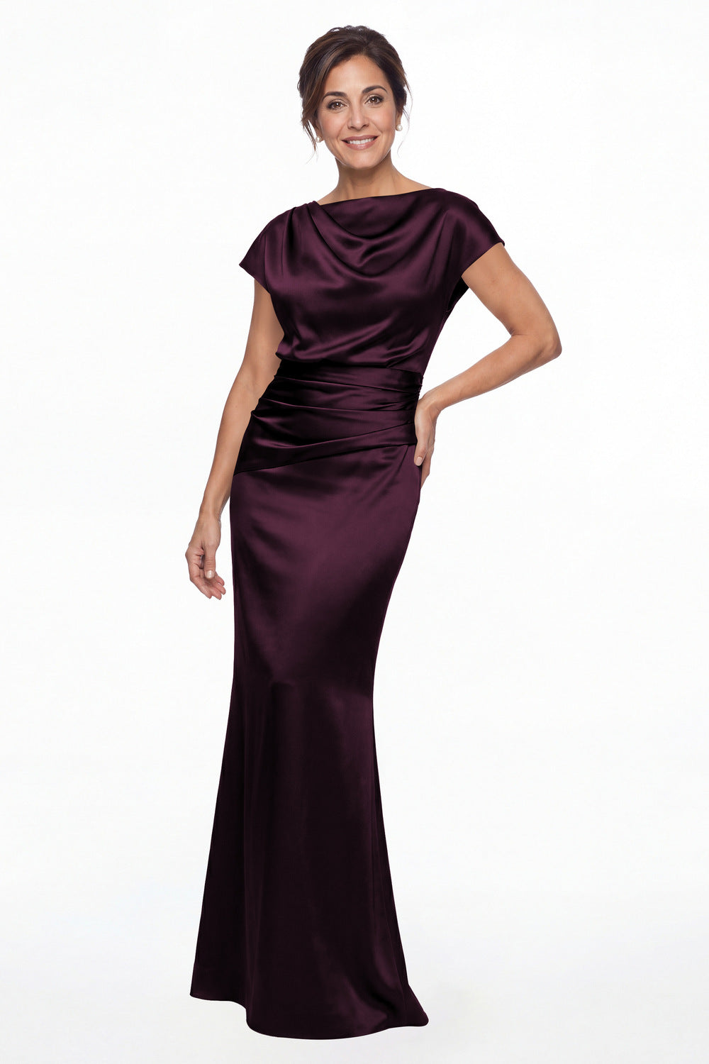 Plum Cowl Neck Ruched Satin Mermaid Maxi Gown - Front View
