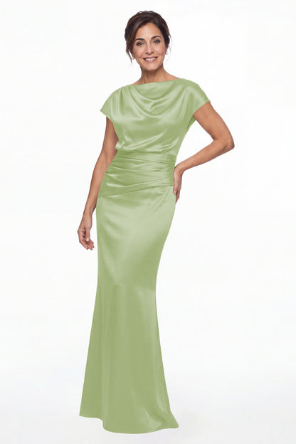 Sage Green Cowl Neck Ruched Satin Mermaid Maxi Gown - Front View
