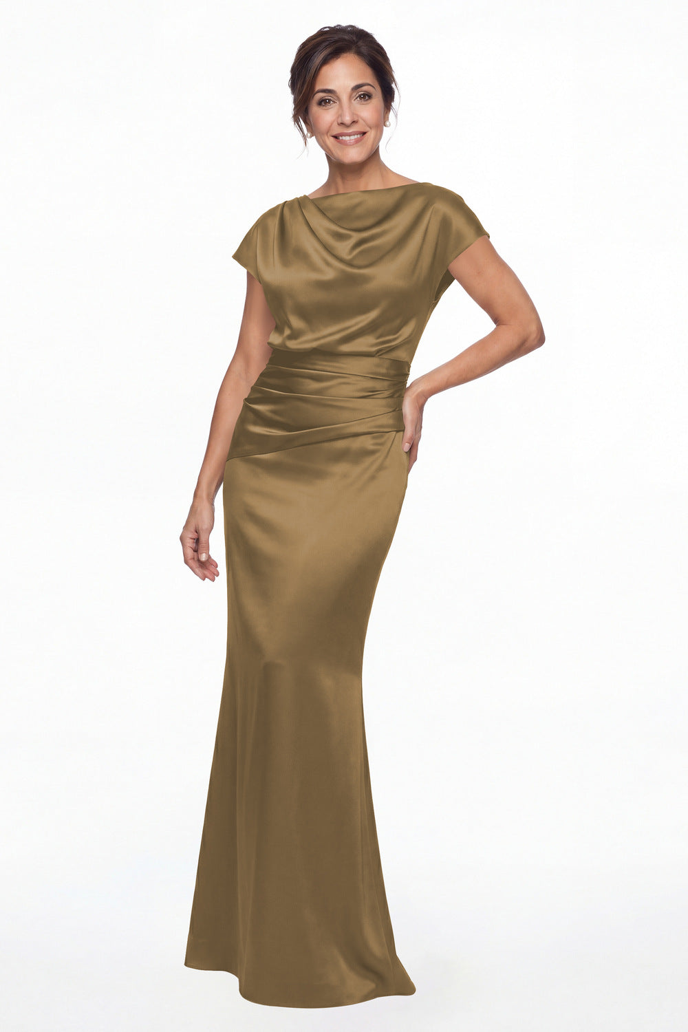 Taupe Cowl Neck Ruched Satin Mermaid Maxi Gown - Front View