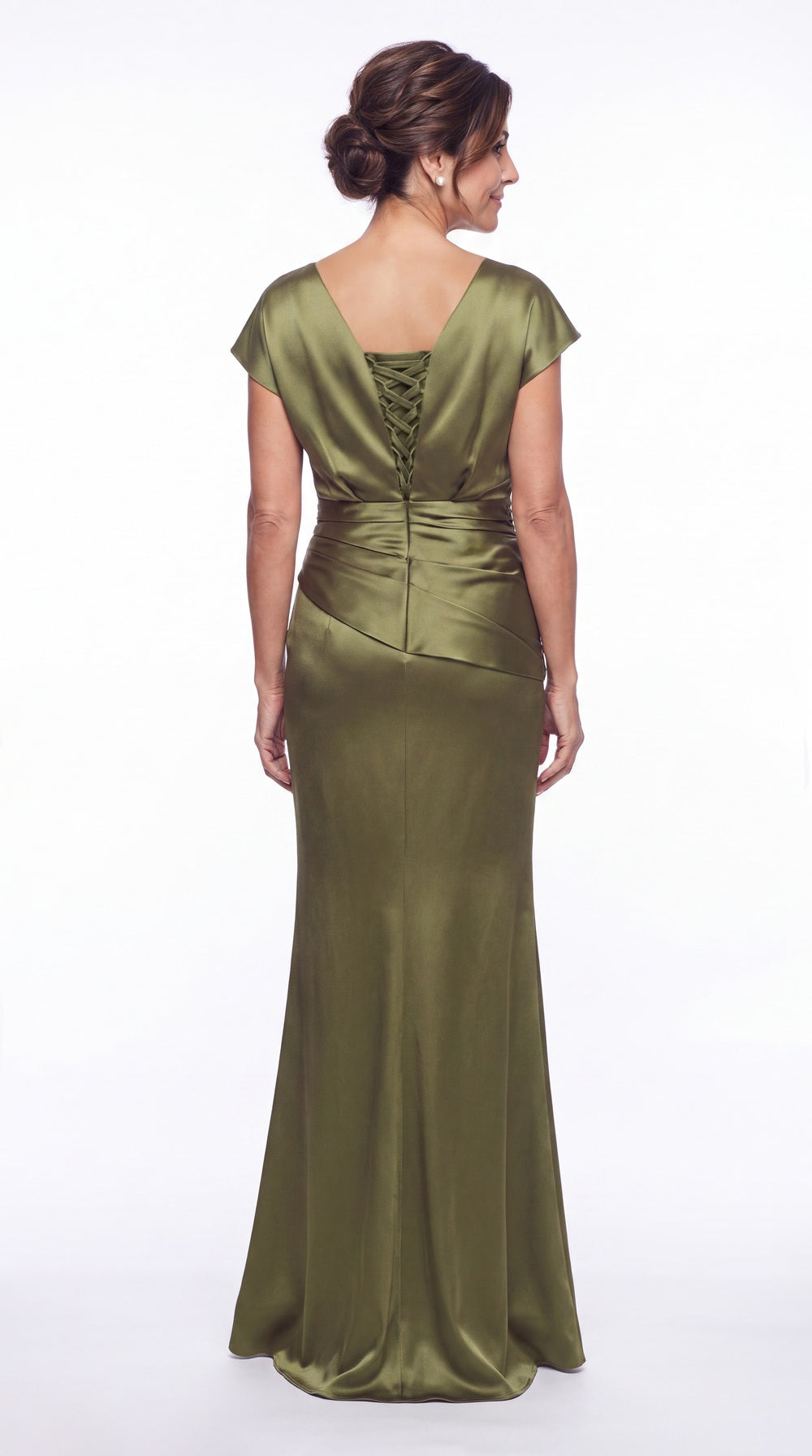 Cowl Neck Ruched Satin Mermaid Maxi Gown - Back View