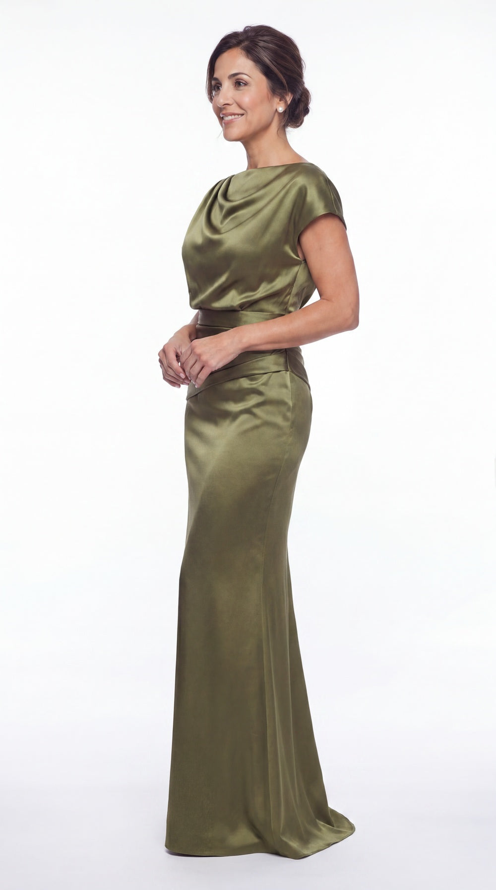 Cowl Neck Ruched Satin Mermaid Maxi Gown - Detail View 2