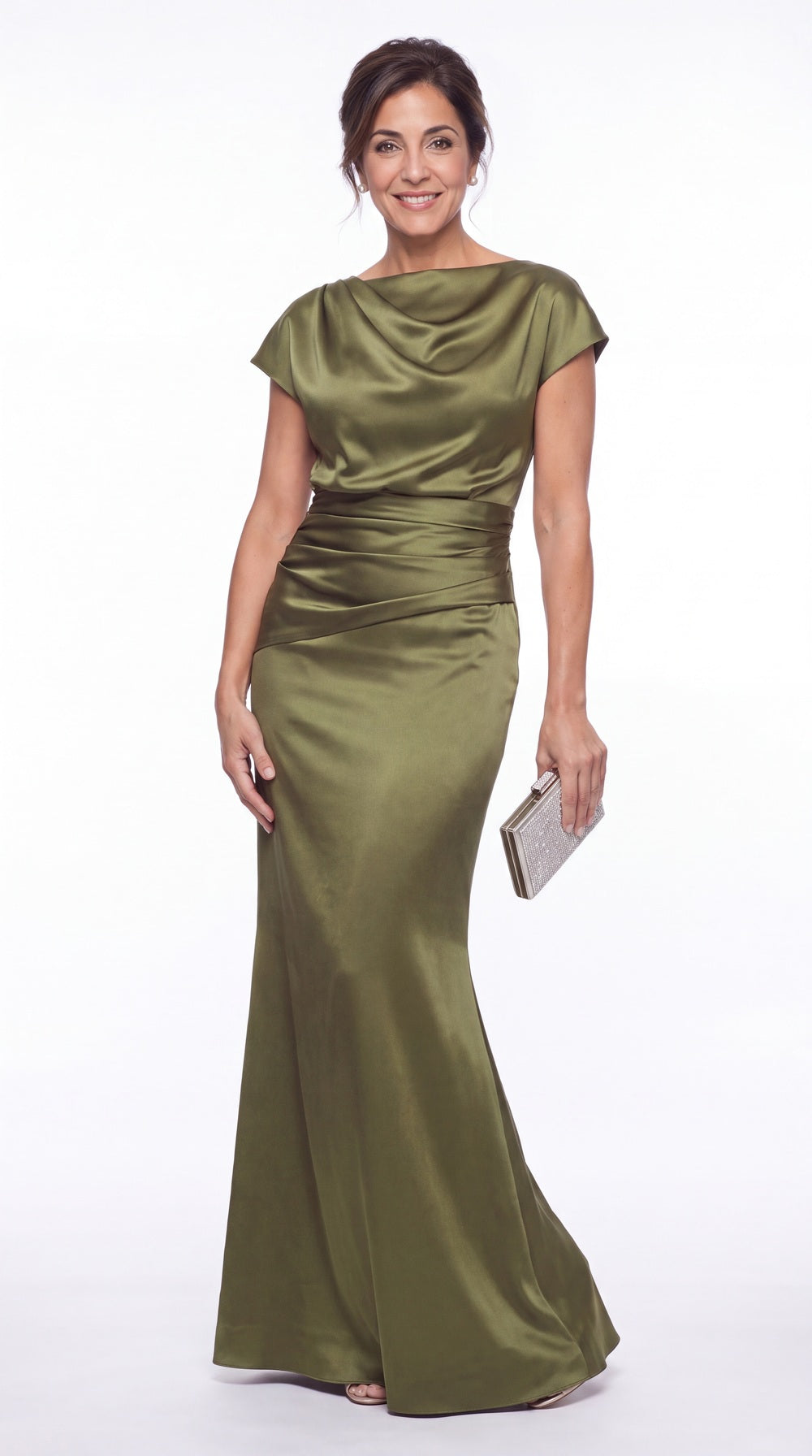 Cowl Neck Ruched Satin Mermaid Maxi Gown - Detail View 3