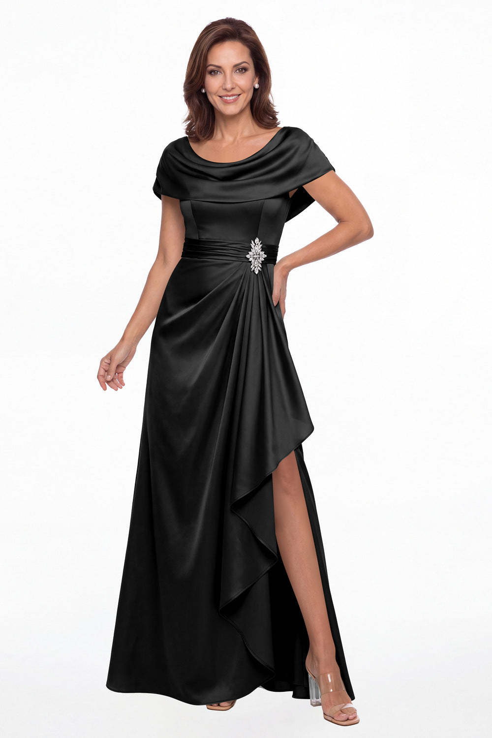 Black Draped Neck Ruched Satin Slit Maxi Gown - Front View