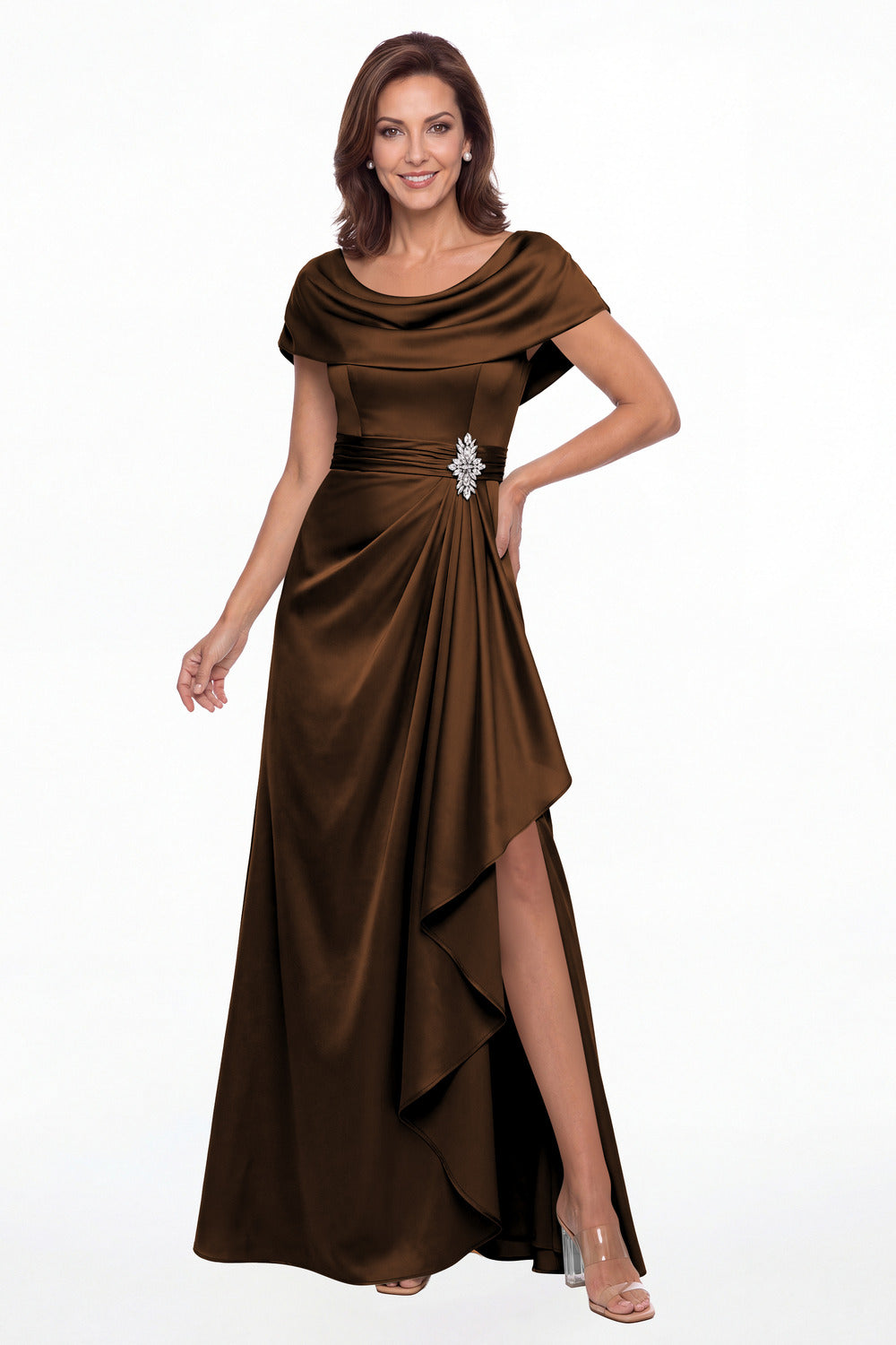Brown Draped Neck Ruched Satin Slit Maxi Gown - Front View