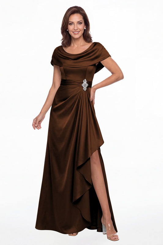 Brown Draped Neck Ruched Satin Slit Maxi Gown - Front View