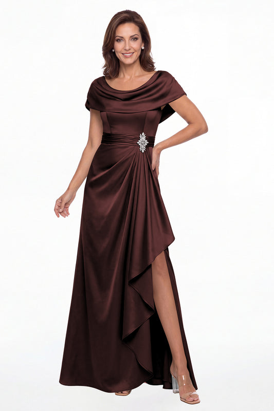 Burgundy Draped Neck Ruched Satin Slit Maxi Gown - Front View