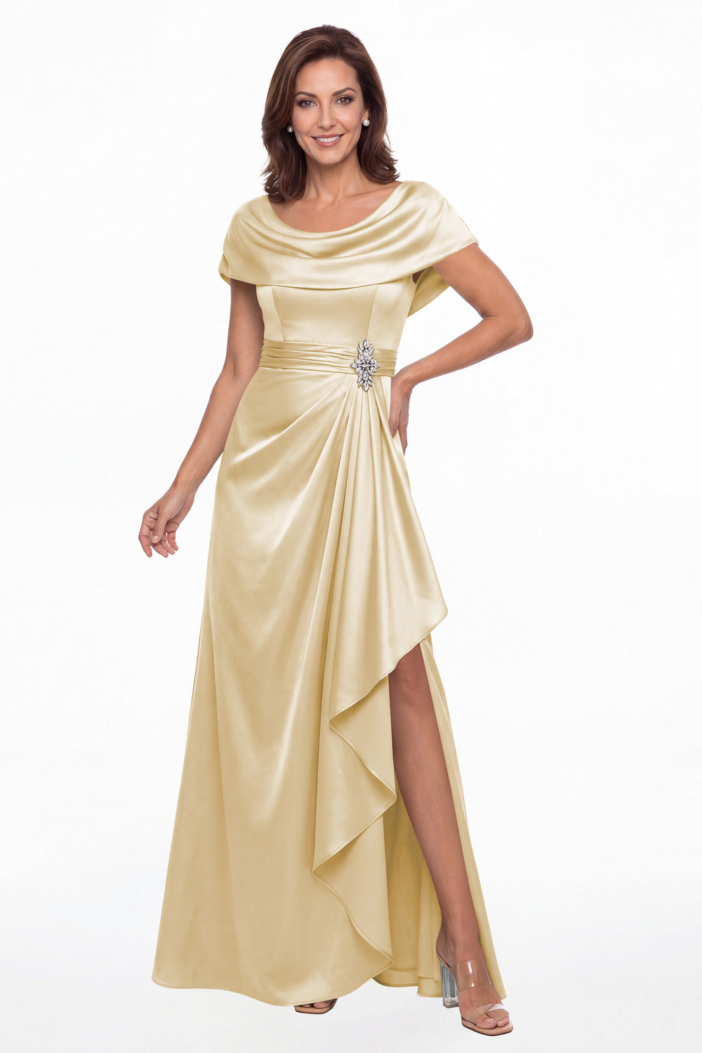 Champagne Draped Neck Ruched Satin Slit Maxi Gown - Front View