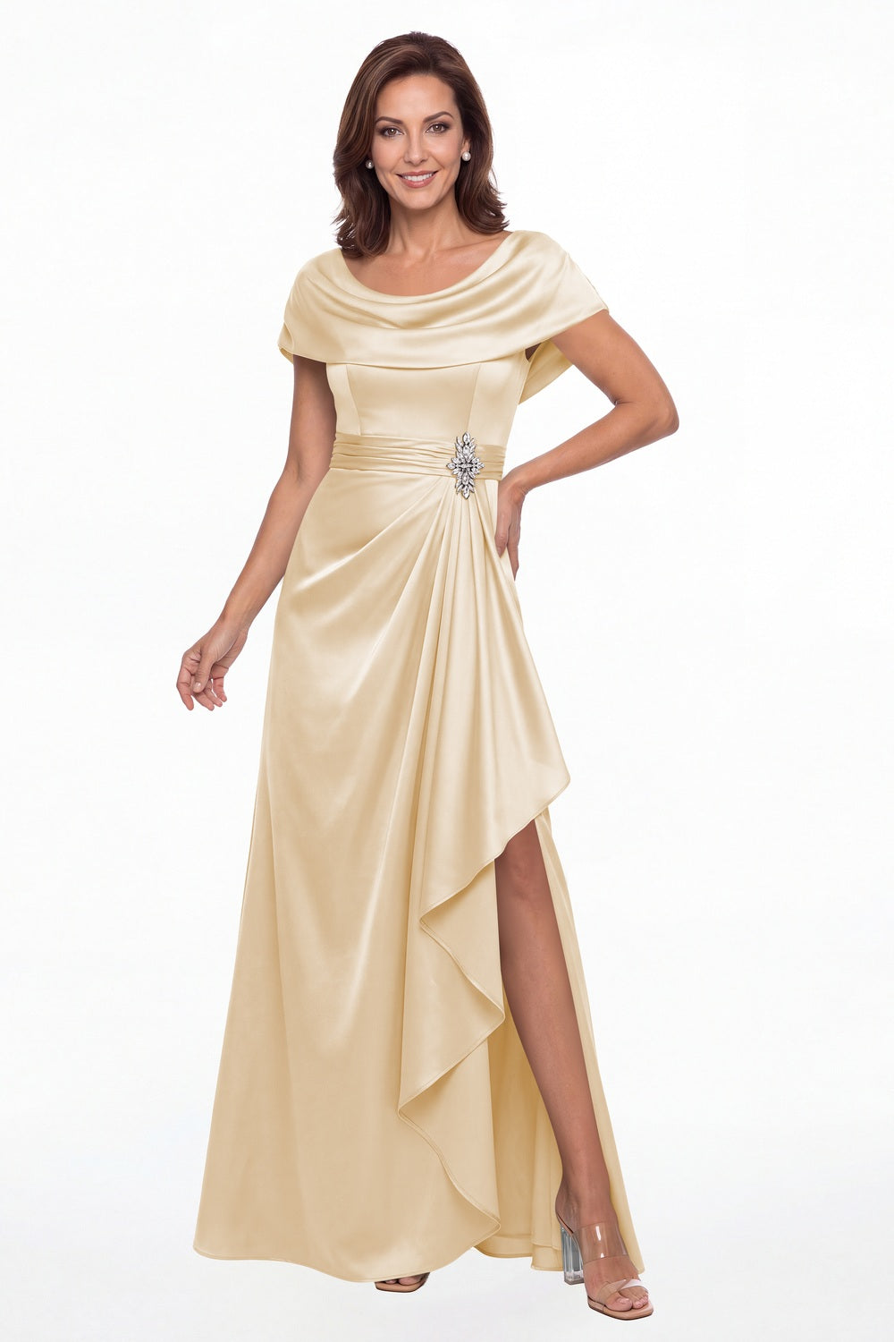 Champagne Draped Neck Ruched Satin Slit Maxi Gown - Front View