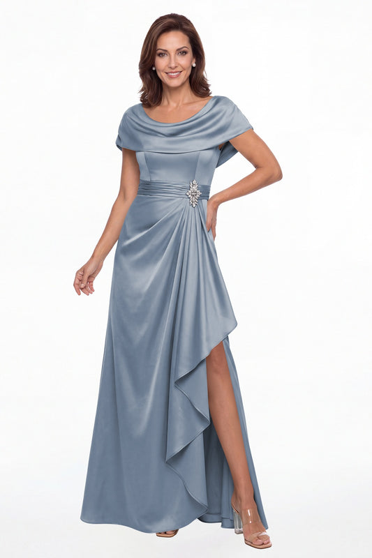 Dusty Blue Draped Neck Ruched Satin Slit Maxi Gown - Front View