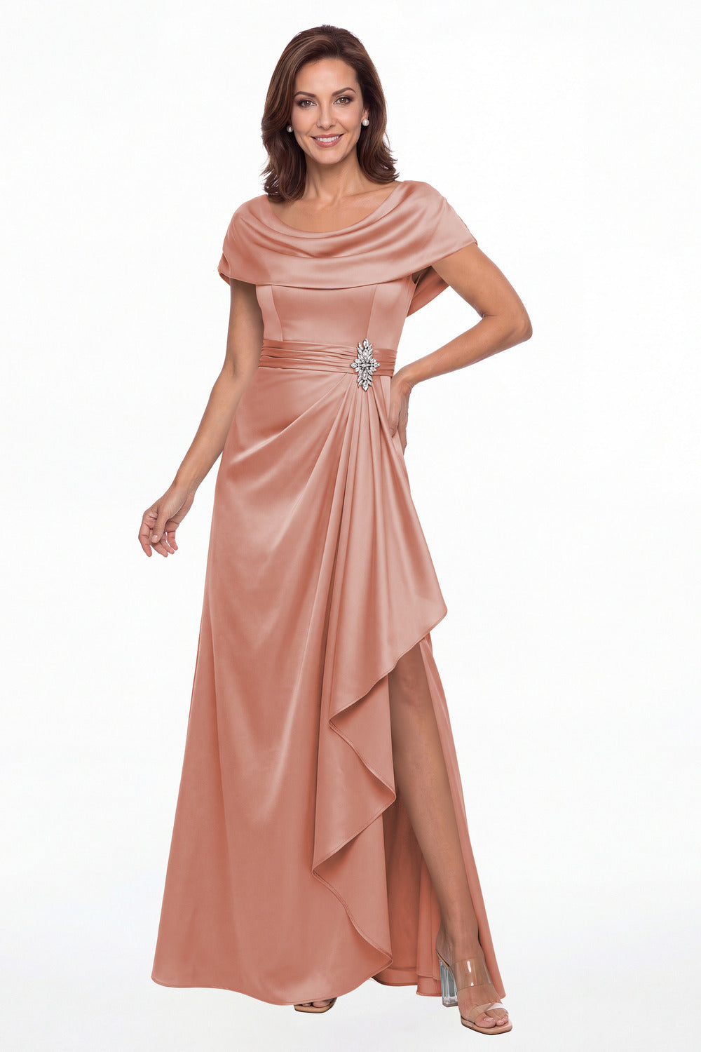 Dusty Rose Draped Neck Ruched Satin Slit Maxi Gown - Front View