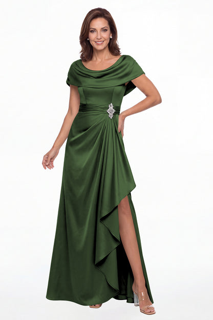 Emerald Green Draped Neck Ruched Satin Slit Maxi Gown - Front View