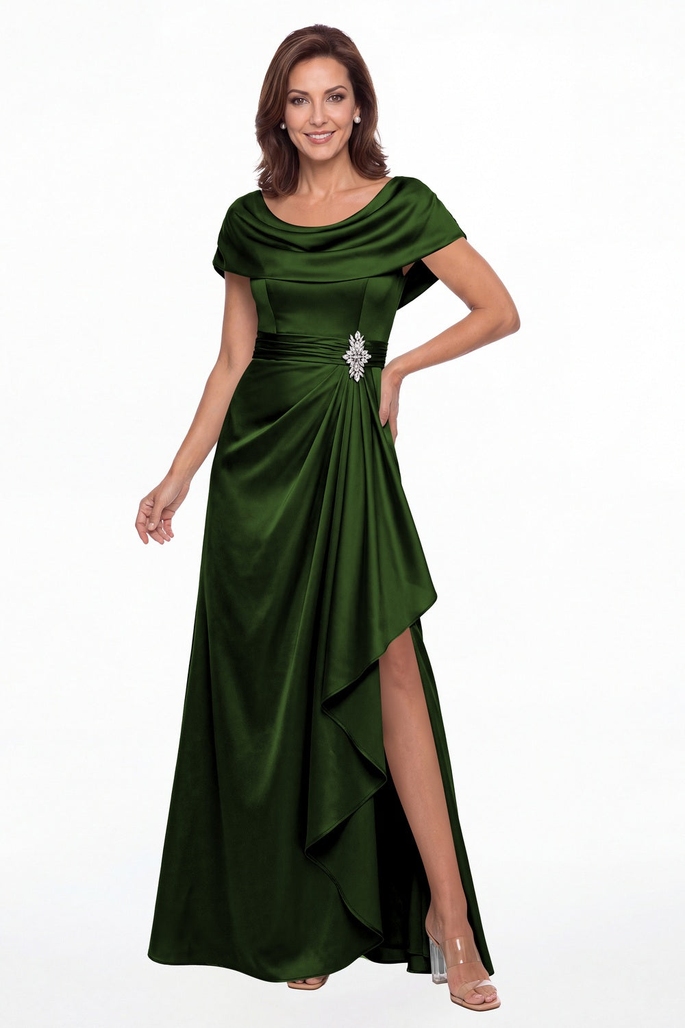 Emerald Green Draped Neck Ruched Satin Slit Maxi Gown - Front View