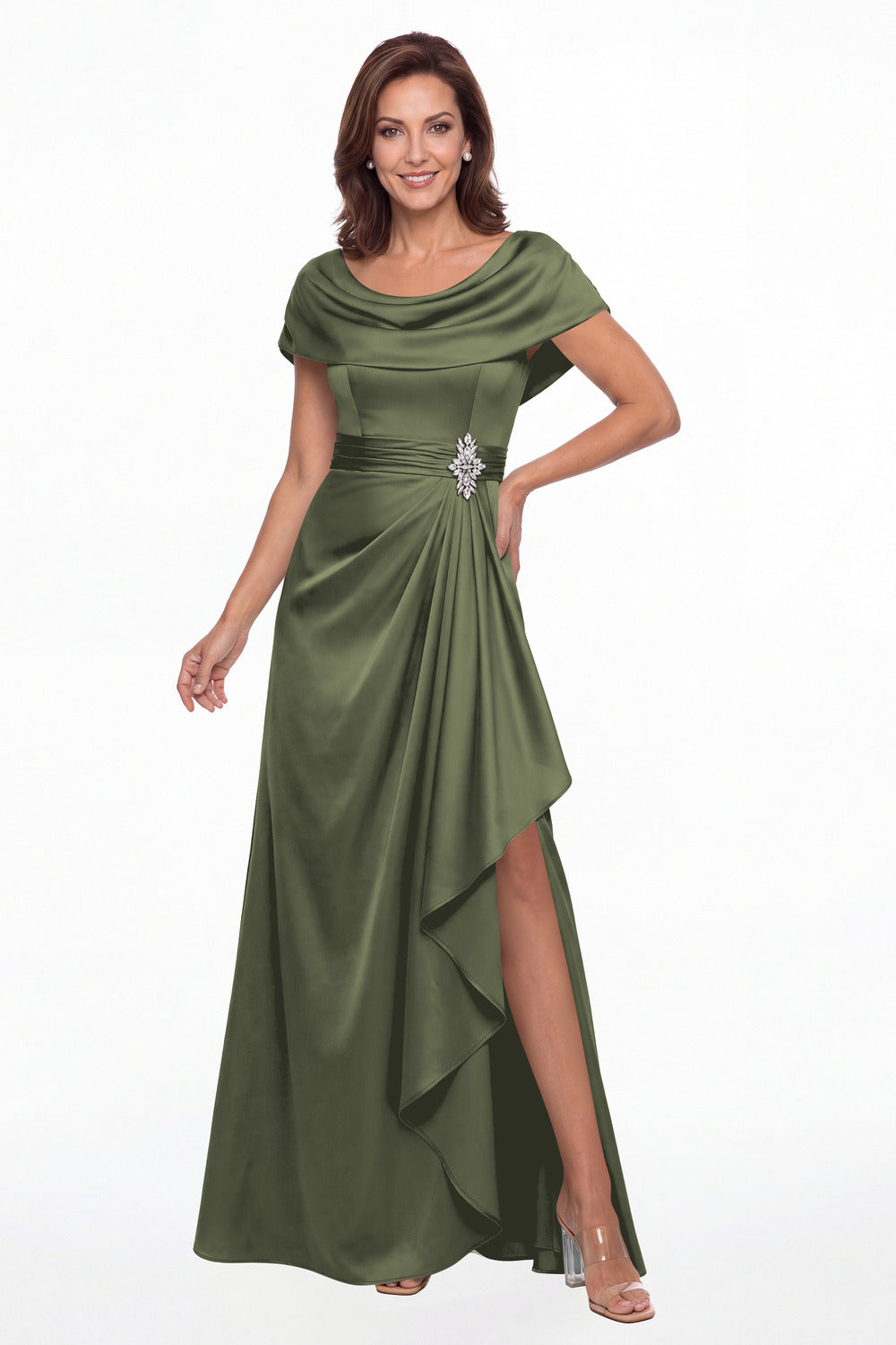 Moss Green Draped Neck Ruched Satin Slit Maxi Gown - Front View