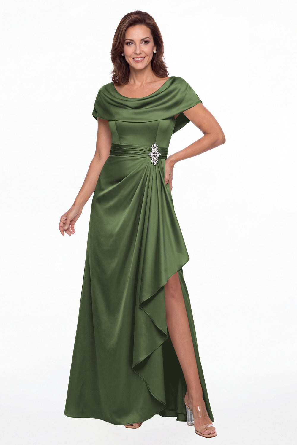 Moss Green Draped Neck Ruched Satin Slit Maxi Gown - Front View