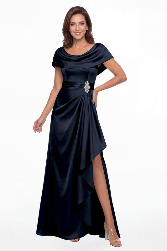 Navy Blue Draped Neck Ruched Satin Slit Maxi Gown - Front View