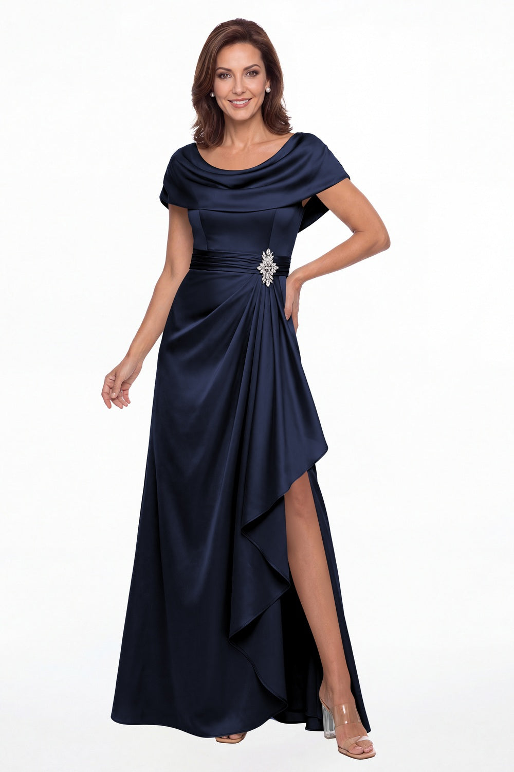 Navy Blue Draped Neck Ruched Satin Slit Maxi Gown - Front View