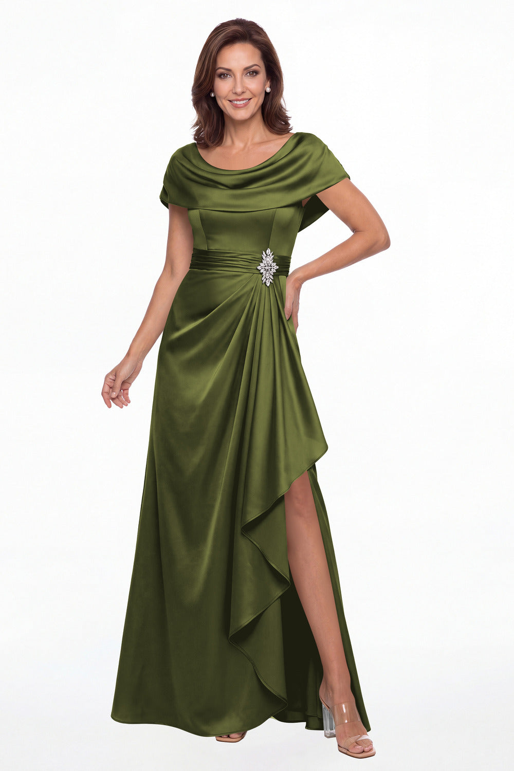 Olive Green Draped Neck Ruched Satin Slit Maxi Gown - Front View