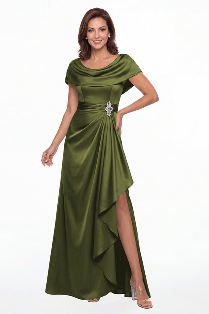 Olive Green Draped Neck Ruched Satin Slit Maxi Gown - Front View