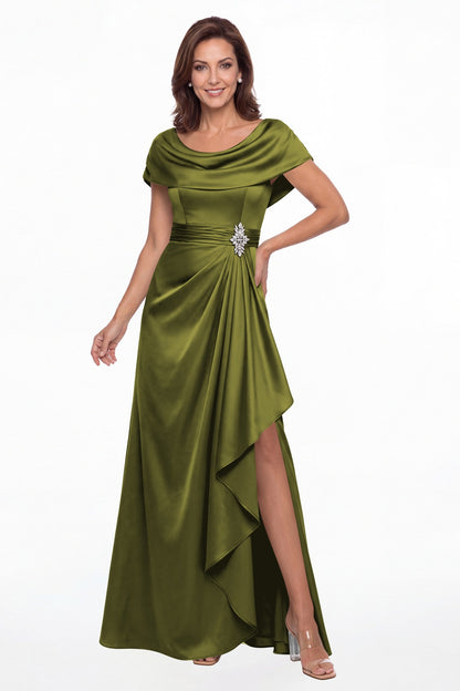 Olive Green Draped Neck Ruched Satin Slit Maxi Gown - Front View