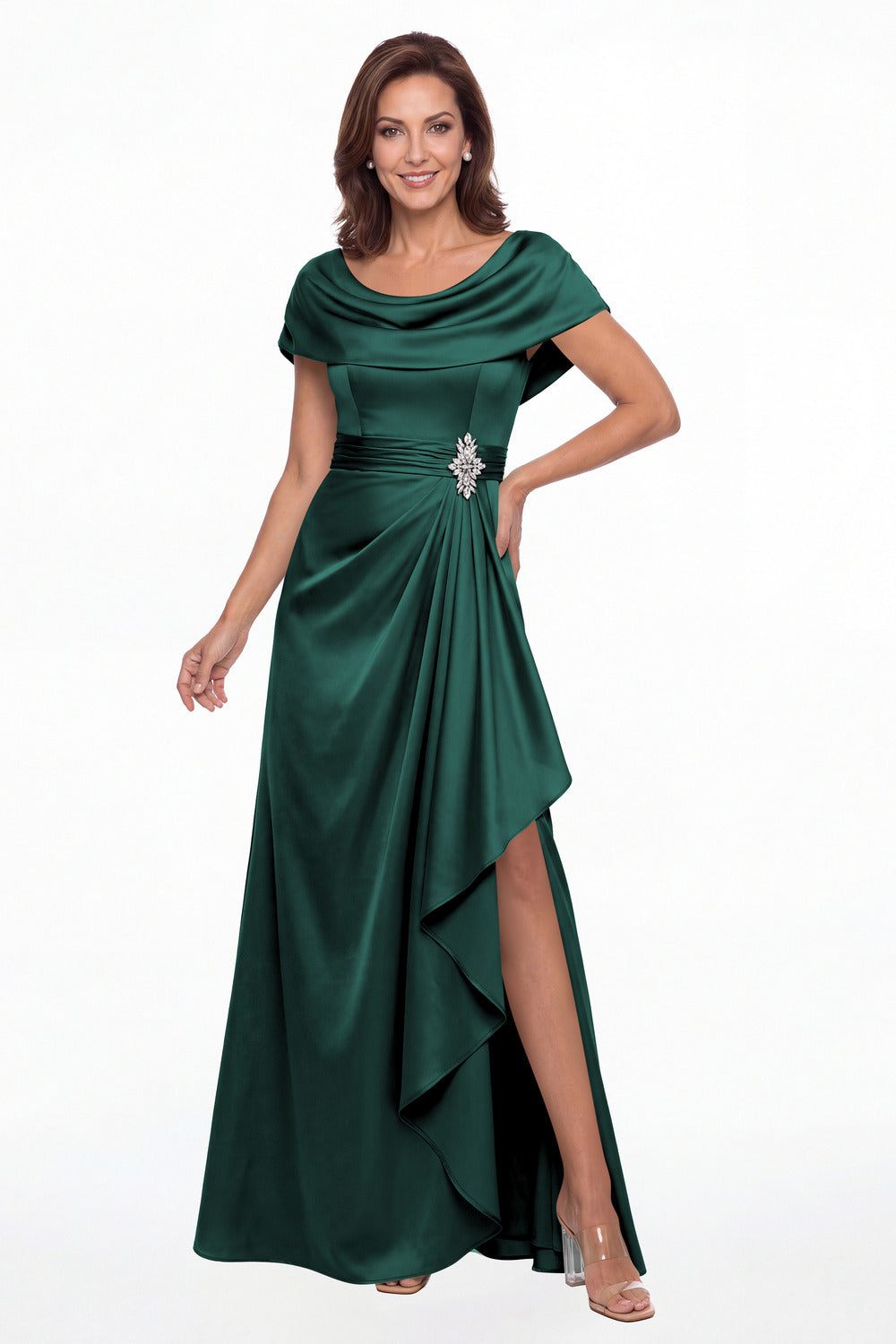 Peacock Draped Neck Ruched Satin Slit Maxi Gown - Front View