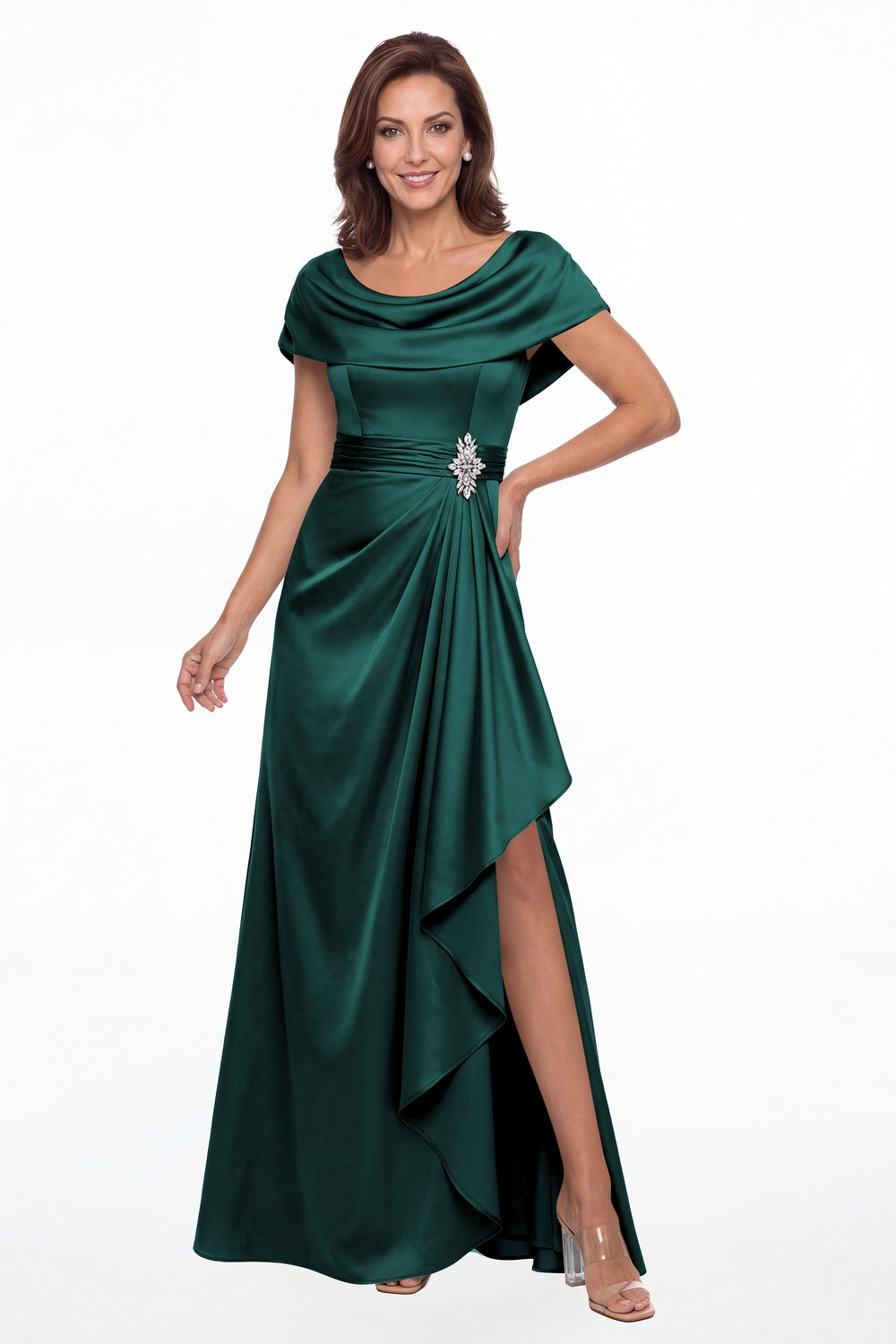 Peacock Draped Neck Ruched Satin Slit Maxi Gown - Front View