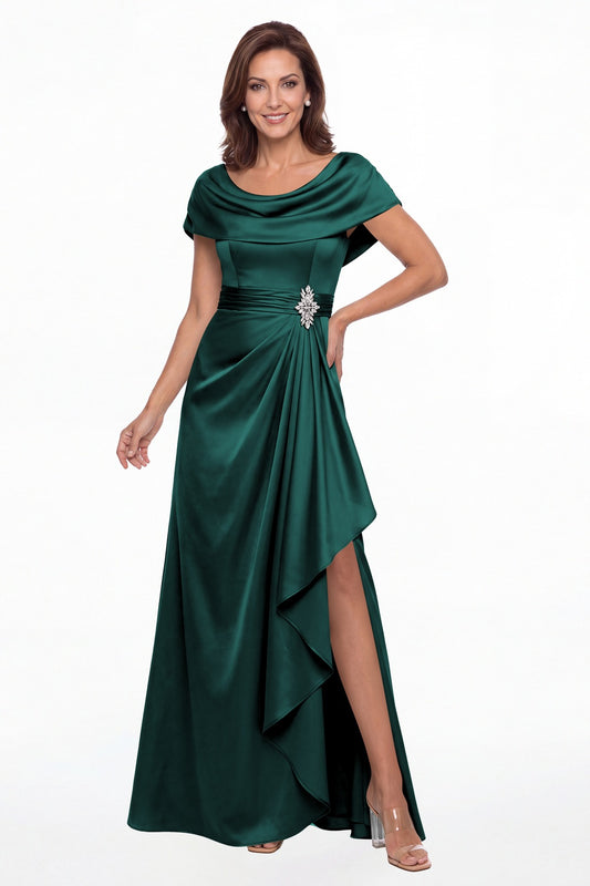 Peacock Draped Neck Ruched Satin Slit Maxi Gown - Front View