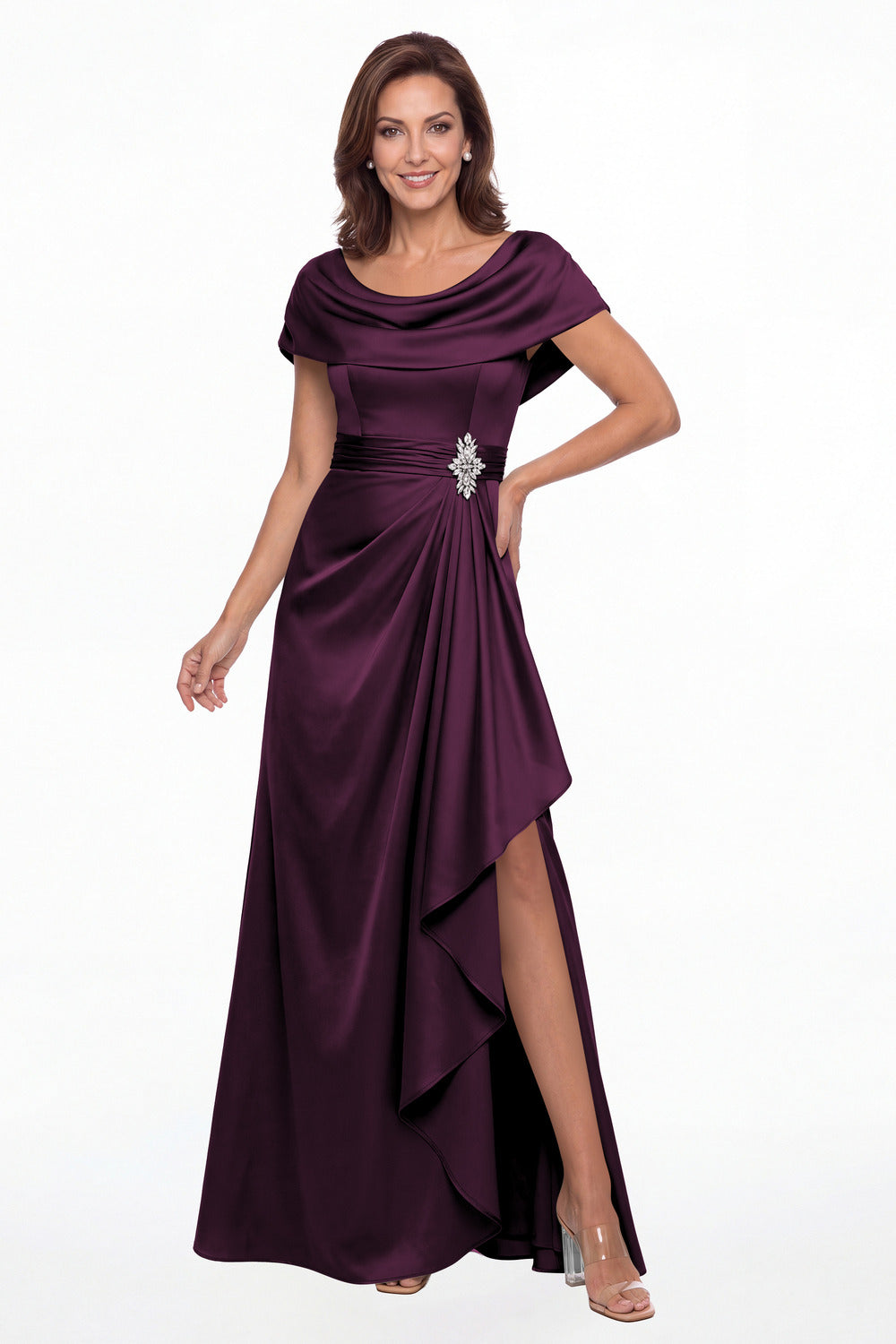 Plum Draped Neck Ruched Satin Slit Maxi Gown - Front View