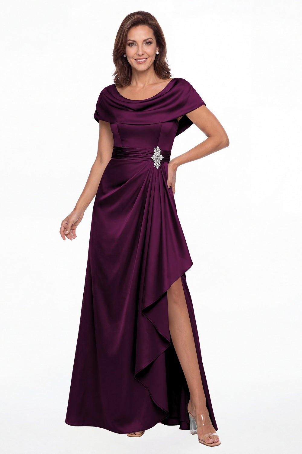 Plum Draped Neck Ruched Satin Slit Maxi Gown - Front View