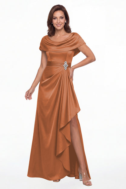 Rust Draped Neck Ruched Satin Slit Maxi Gown - Front View