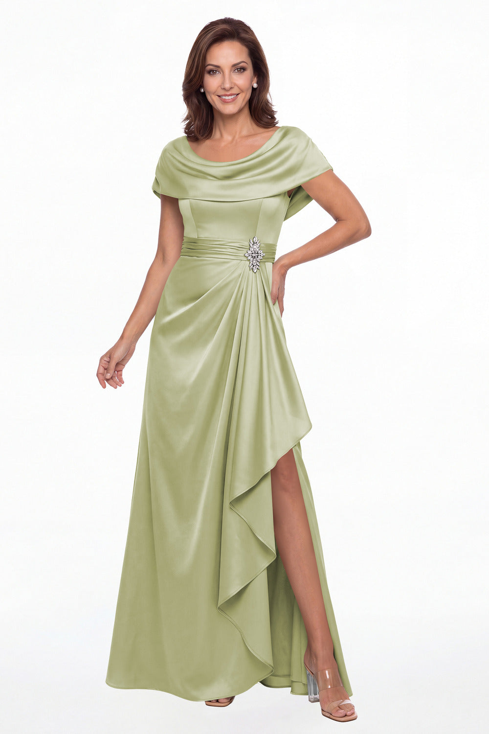 Sage Green Draped Neck Ruched Satin Slit Maxi Gown - Front View
