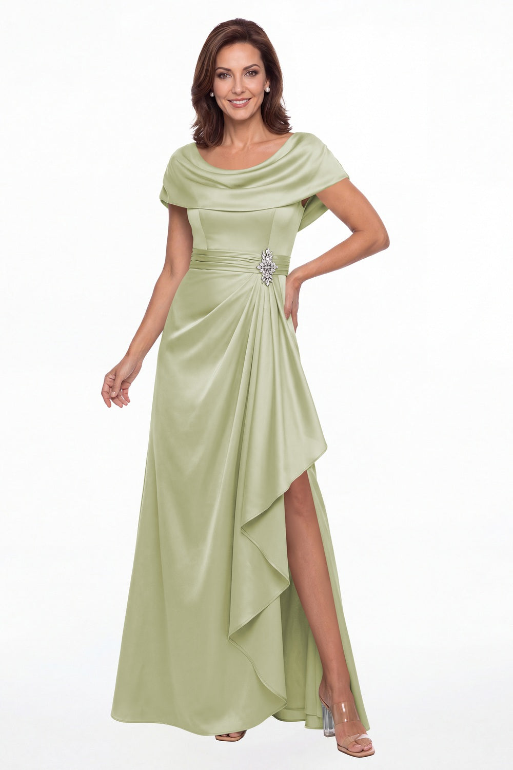 Sage Green Draped Neck Ruched Satin Slit Maxi Gown - Front View