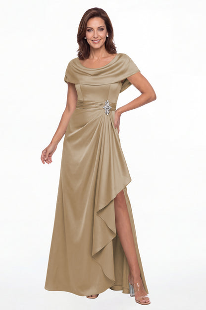 Taupe Draped Neck Ruched Satin Slit Maxi Gown - Front View