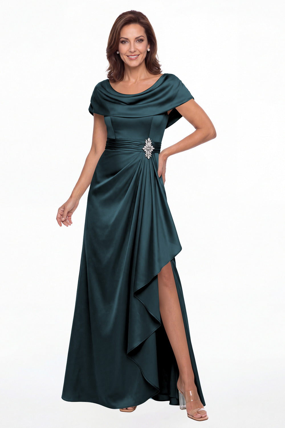 Teal Draped Neck Ruched Satin Slit Maxi Gown - Front View