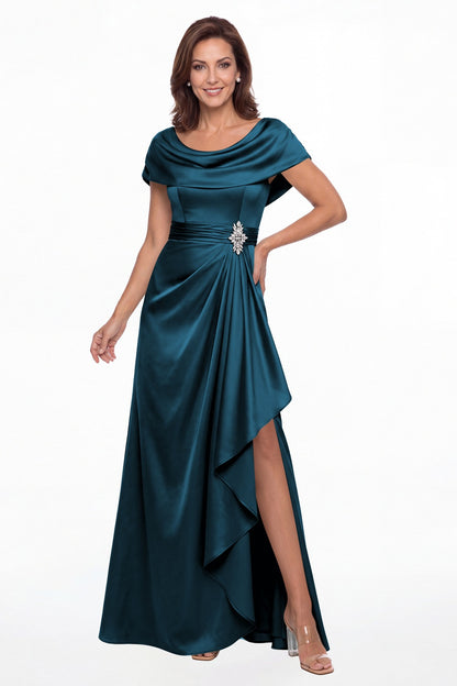 Teal Draped Neck Ruched Satin Slit Maxi Gown - Front View