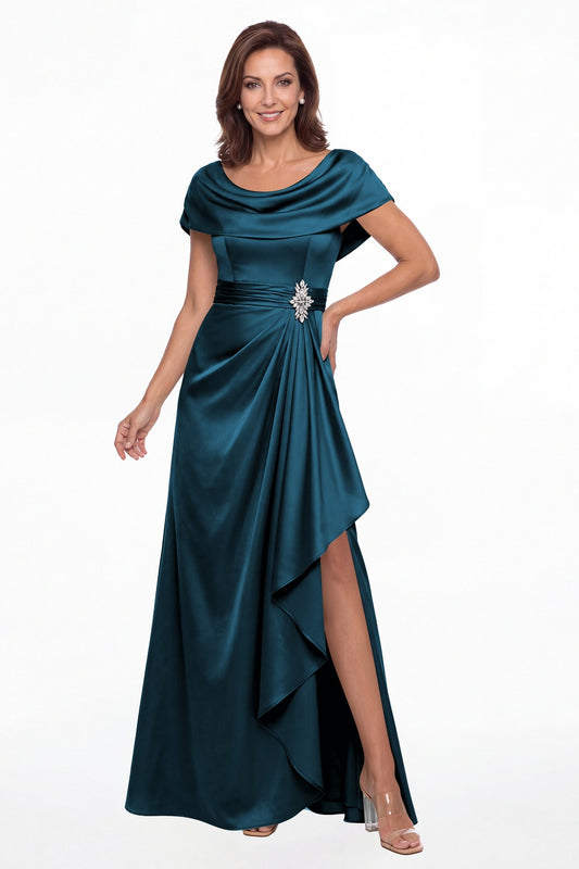 Teal Draped Neck Ruched Satin Slit Maxi Gown - Front View