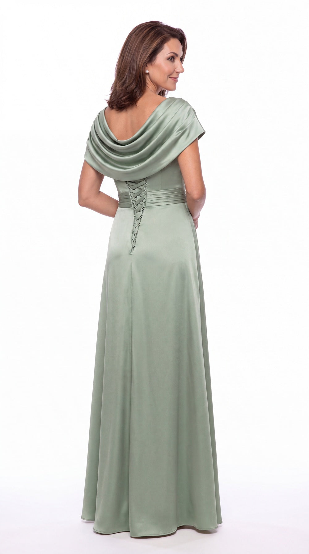 Cowl Neck Ruched Satin Slit Maxi Gown - Back View