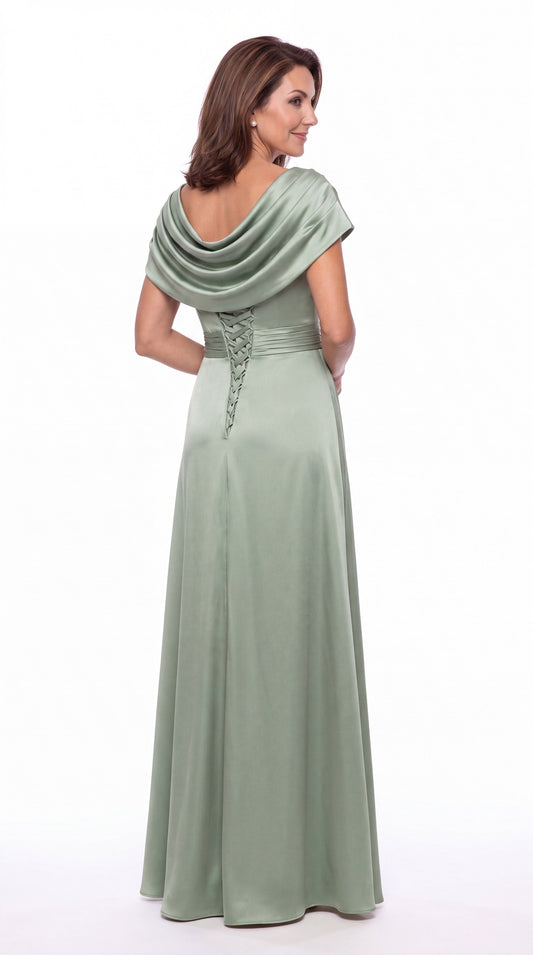Cowl Neck Ruched Satin Slit Maxi Gown - Back View