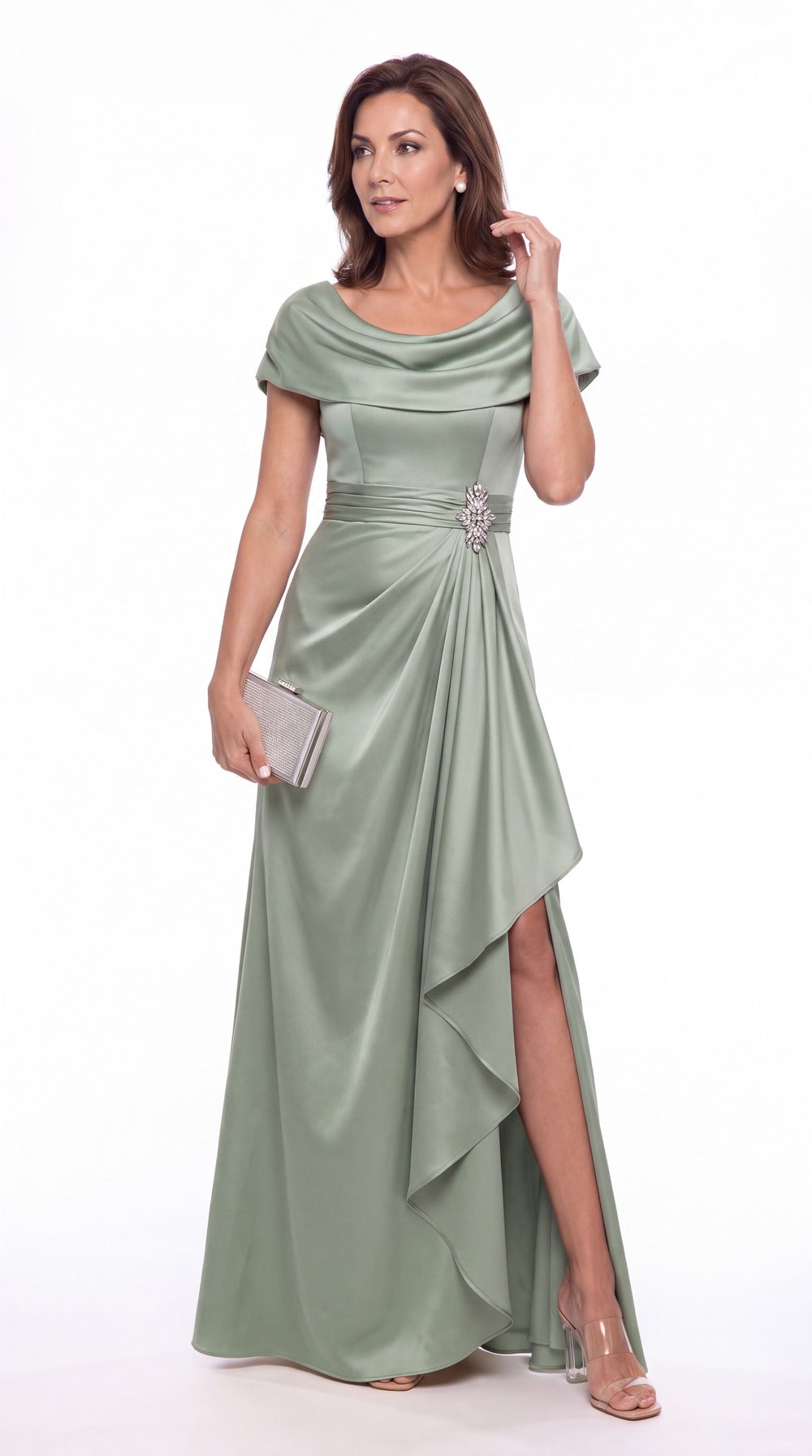 Cowl Neck Ruched Satin Slit Maxi Gown - Detail View 2