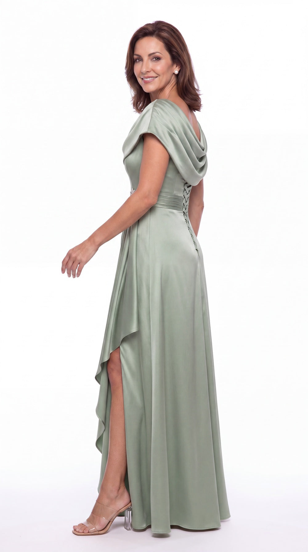 Cowl Neck Ruched Satin Slit Maxi Gown - Detail View 3