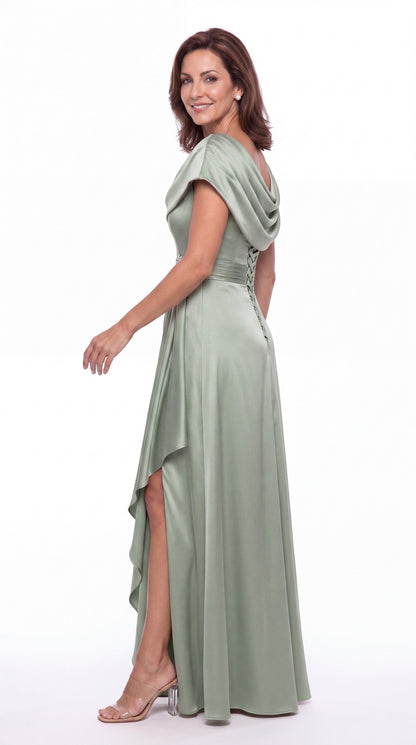 Cowl Neck Ruched Satin Slit Maxi Gown - Detail View 3