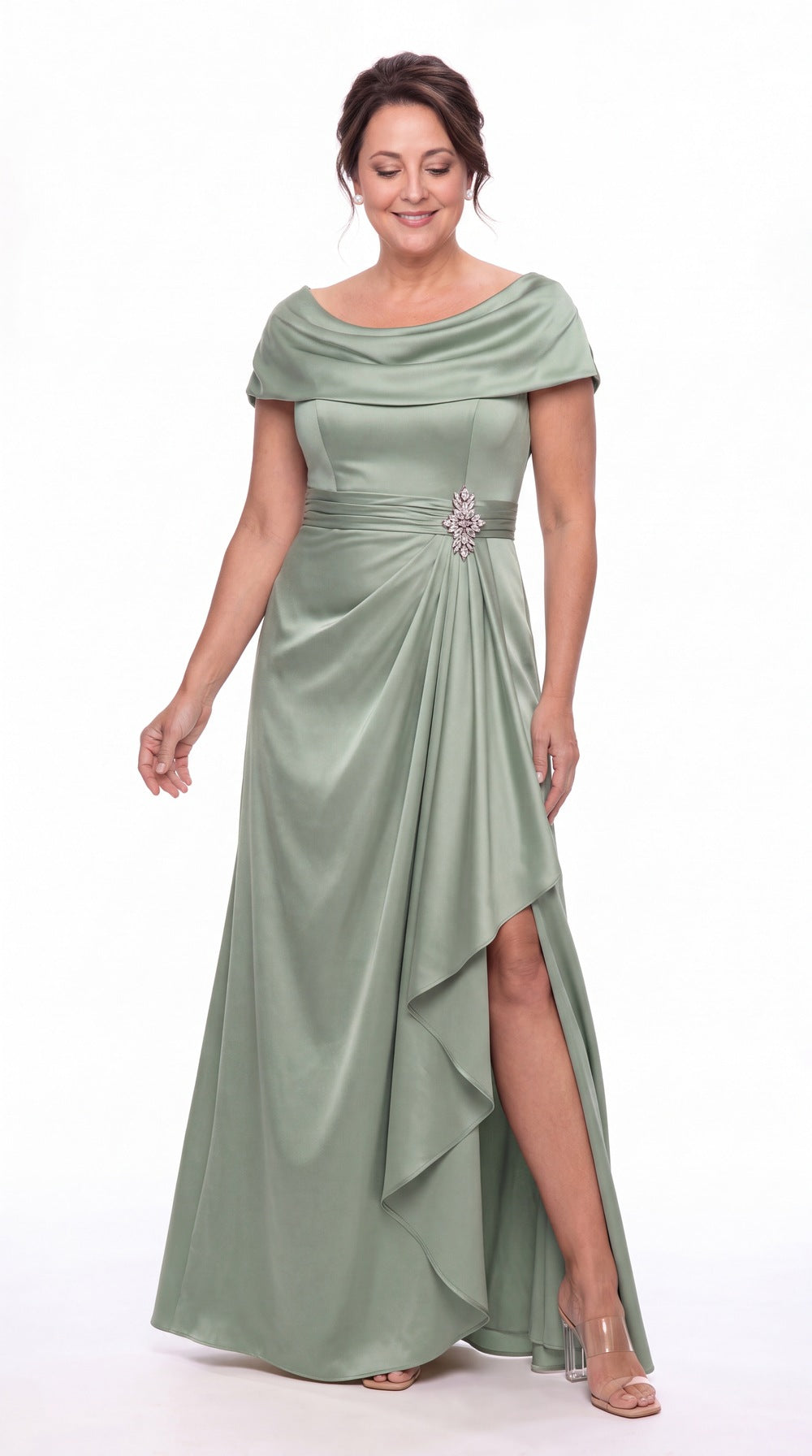 Cowl Neck Ruched Satin Slit Maxi Gown - Detail View 5