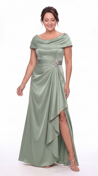 Cowl Neck Ruched Satin Slit Maxi Gown - Detail View 5