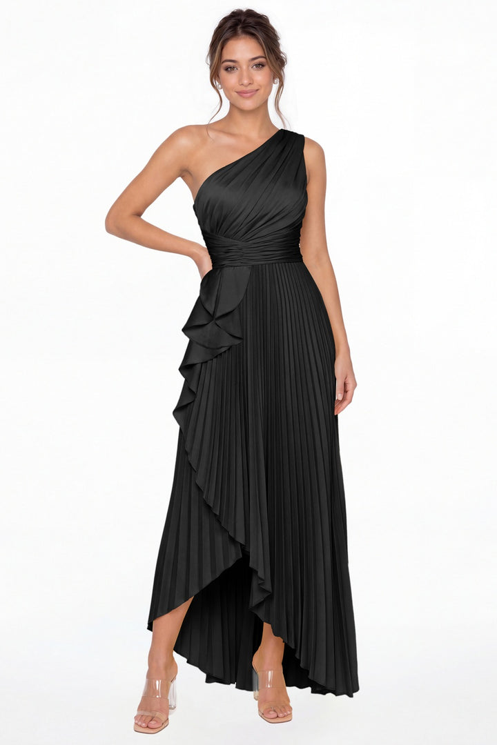 Black One Shoulder Ruched Satin Maxi Dress - Front View