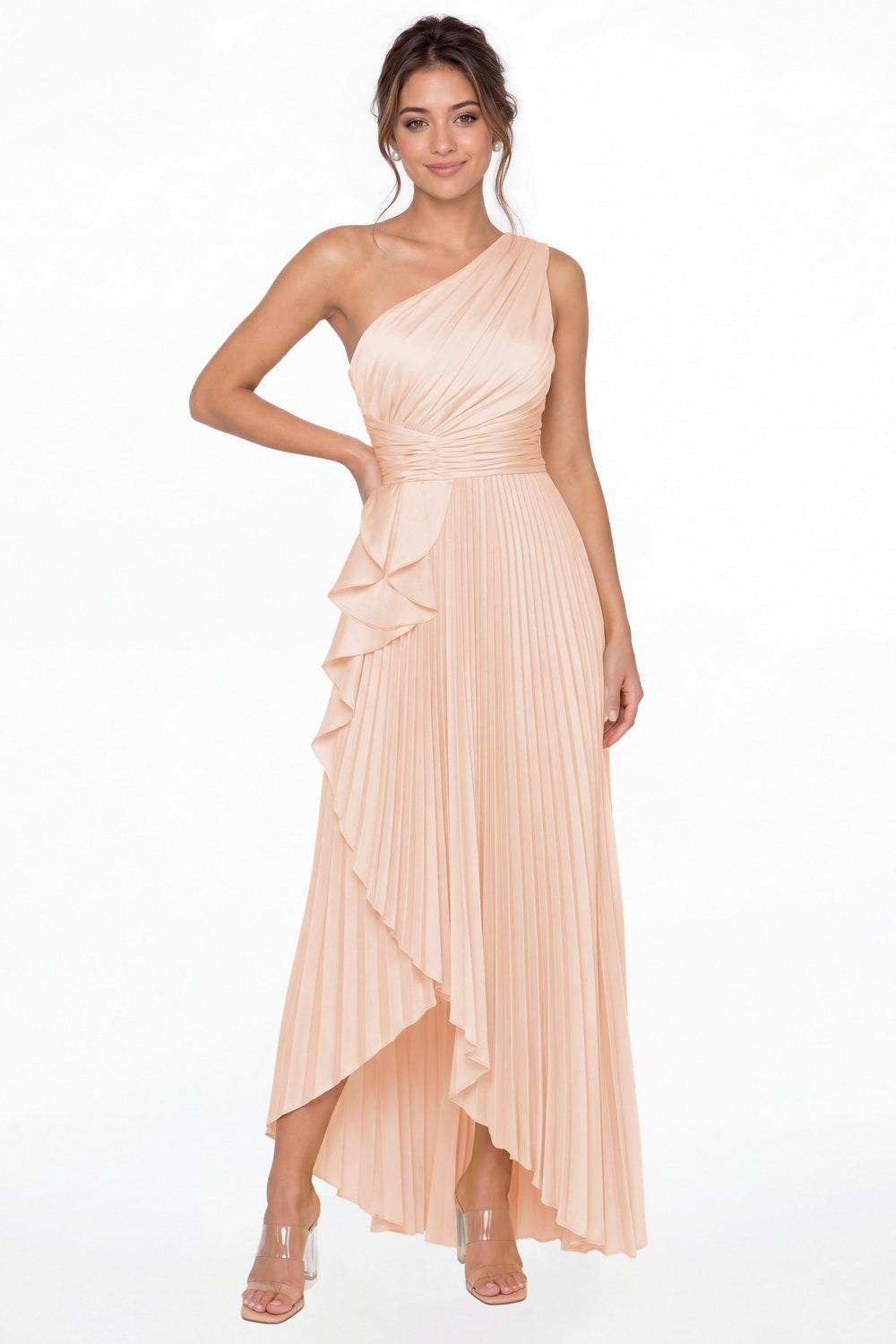 Blush Pink One Shoulder Ruched Satin Maxi Dress - Front View