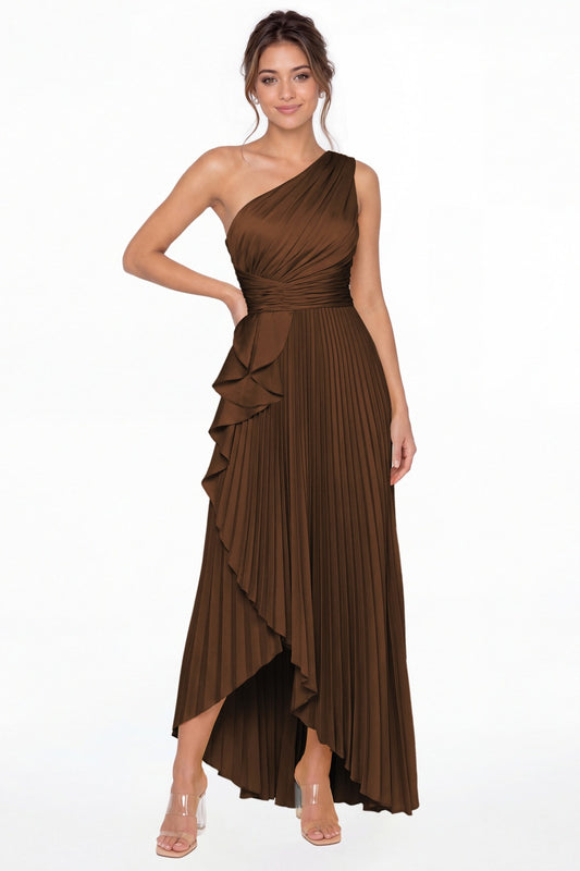 Brown One Shoulder Ruched Satin Maxi Dress - Front View