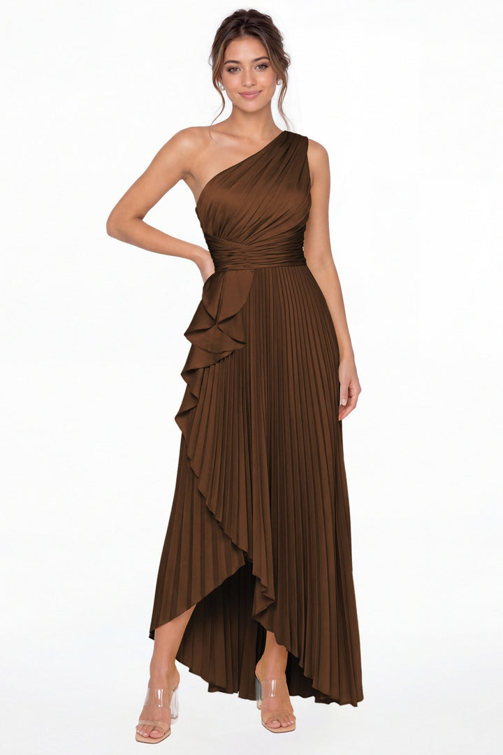 Brown One Shoulder Ruched Satin Maxi Dress - Front View